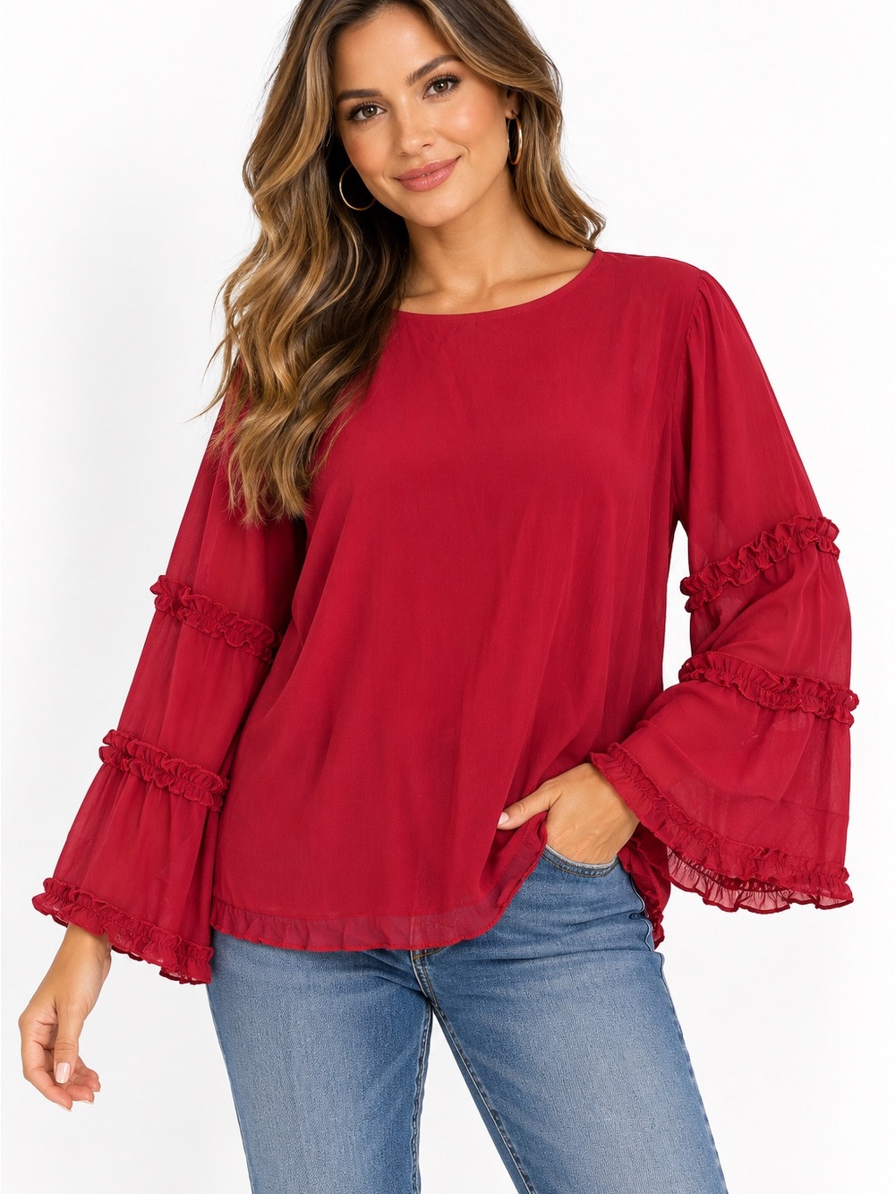 Women's Red Ruffled Long-Sleeve Blouse